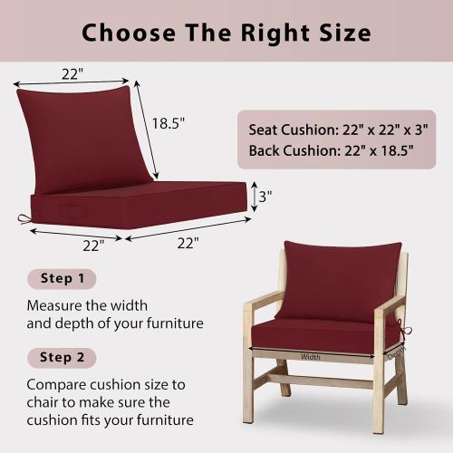 Outdoor Chair Cushions 22x22, Patio Furniture Cushions with Removable Cover, Outdoor Deep Seat Cushion Set with Ties and Handle, Waterproof Outdoor Cushions for Chair Sofa Couch, Burgundy