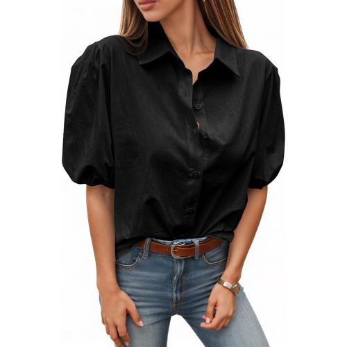 Size 3XL Tankaneo Women's Button Down Shirts Short Puff Sleeve Collared Dressy Casual Blouse Tops