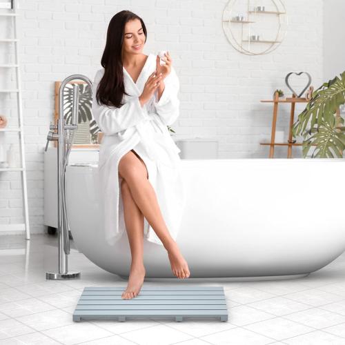 Bamboo Wooden Bath Floor Mat for Luxury Shower - Non-Slip Bathroom Waterproof Carpet for Indoor or Outdoor Use (Bluish Grey)