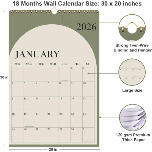 2026 Calendar - Large Calendar 2026-2027 from January 2026 - June 2027, 18 Months Calendar/Planner with Thick Paper, 20 x 30, Vertical, Green