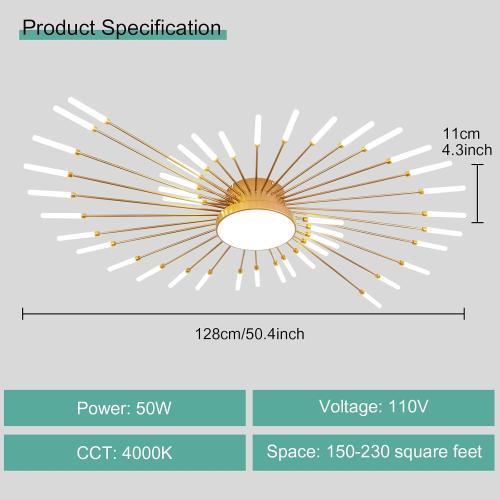 ziidoo Modern Ceiling Light, 42 1 Lights Metal Firework Designed Chic Led Lighting Fixture for Farmhouse Kitchen Dining Room Bedroom Hallway Living Room (Gold and Dark Gold)