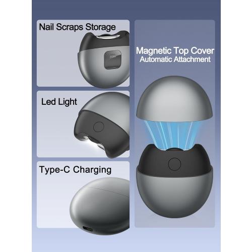 Electric Automatic Nail Clipper with Light, 2 Speeds, Magnetic Cover, Nail Scraps Storage, USB Rechargeable, Safety Electric Fingernail Trimmer for Kids, Adult, Seniors, Men, Caregivers, Grey