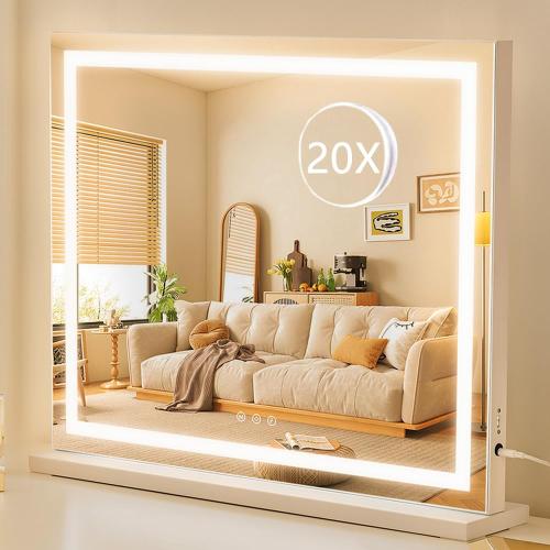 WHITE HIEEY Lighted Makeup Mirror, Hollywood Vanity Mirror with Lights, Three Color Lighting Modes, with 4in 20X Magnification Mirror, Smart Touch Control, 360°Rotation (22.8in,White)