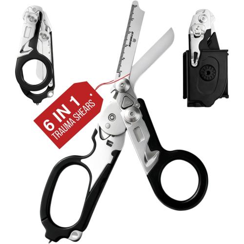 Heavy Duty 6 in 1 Multifunctional Trauma Shears Foldable | Stainless Steel emergency response scissors | Survival Shears with Holster | Medical Trauma shears Tactical With Strap Cutter | Black