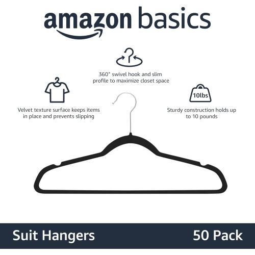 Amazon Basics Slim Velvet Non-Slip Space Saving Suit Clothes Hangers, Closet Organizer, Black,