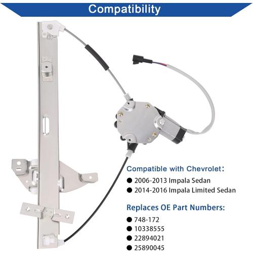 Obaee Front Left Driver Side Power Window Lift Regulator with Motor Assembly Compatible with Chevy Impala 2006-2013 & Chevrolet Impala Limited 2014-2015 Replace OE 748-172