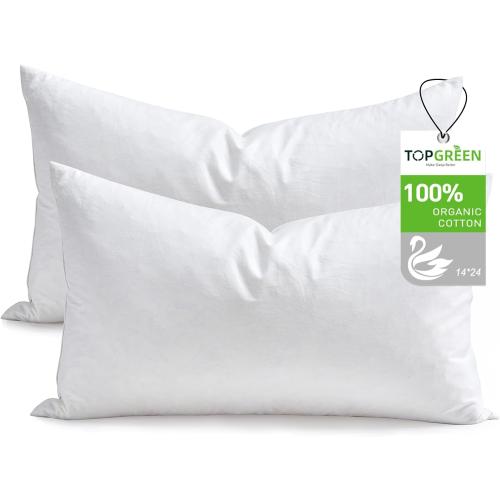 Feathers Down Pillow Inserts 14x24, Set of 2, 100% Organic Cotton Shell, Soft Decorative Lumbar Pillow Insert for Living Room Sofa, Couch, or Bed (White)