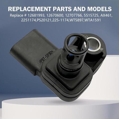 Shakas Manifold Absolute Pressure Map Sensor, Automotive Intake Pressure Sensor, Retrofit Replacement OEM #12681993 12670600 12707766 5S15725 Part, Compatible with GMC Chevrolet (Black)
