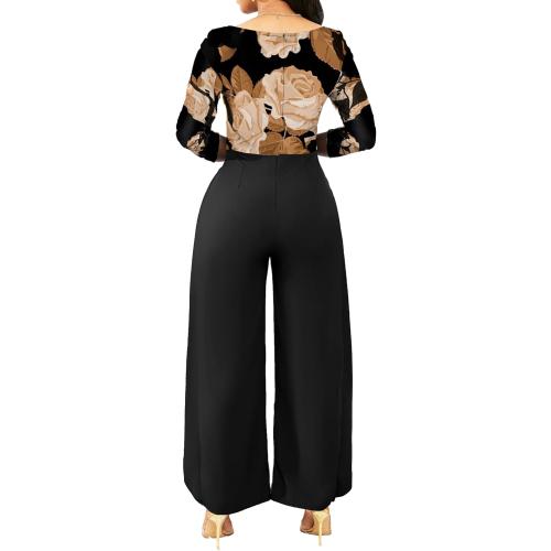 Sixe XXL Casual Floral Jumpsuit for Women Dressy Elegant Scoop Neck Long Sleeve Long Pants Cocktail Party Rompers