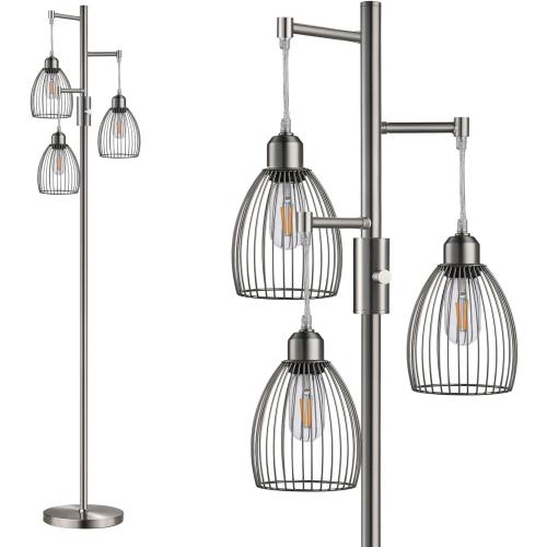 Dimmable Floor Lamp, Industrial Floor Lamps for Living Room, Brushed Nickel Tree Lamp Standing Lamp Tall Lamps with 3 Elegant Teardrop Cage Head & 800 Lumens LED Bulbs for Living Room Bedroom Office