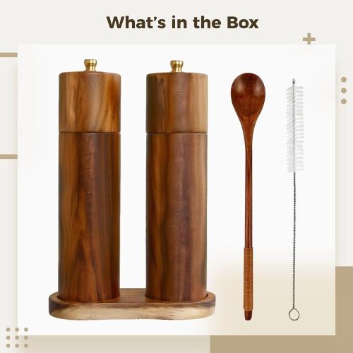 8 Inch Wooden Spice Grinder Set, Adjustable Manual Pepper Mills, Refillable Acacia Wood Pepper Grinders, Includes Base & Brush
