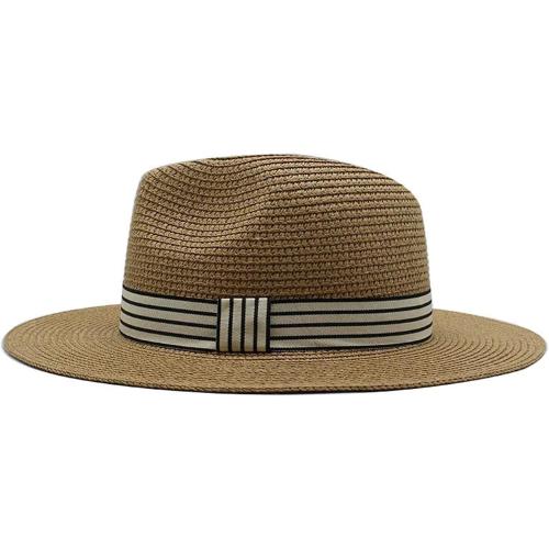 Sun Hats For Women Men Panama Wide Brim Straw Fedora Hat With Striped Band Foldable Summer Sun-Shading Floppy Hat