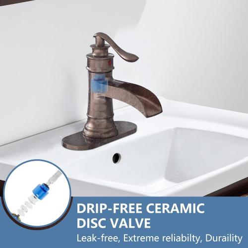 Homevacious Bathroom Faucet Copper Waterfall Bathroom Sink Faucets with Single Handle Rustic Vanity Farmhouse RV Faucet Suitable for 1 or 3 Holes with Pop-up Drain Deck Plate Hose