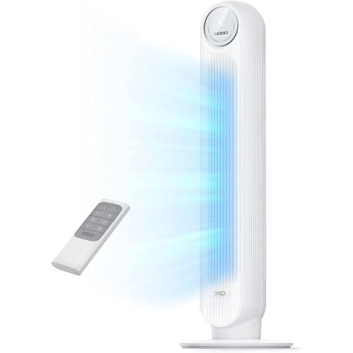 DREO Tower Fan for Bedroom, 2026 Upgraded DC Motor, 28ft/s High Velocity, 20dB Ultra Quiet Standing Fan, 8 Speeds 4 Modes, 90° Oscillating Bladeless Fan for Indoors, Floor Fans with Remote, White