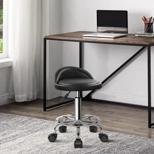 KKTONER PU Leather Round Rolling Stool with Foot Rest Height Adjustable Swivel Drafting Work SPA Task Chair with Wheels (Black)