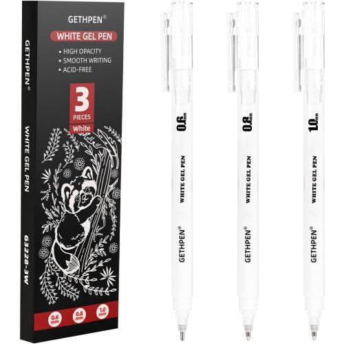 White Gel Pens 3-Pack - 0.6/0.8/1.0mm Fine to Bold Tips for Journaling & Art - Opaque Ink on Dark Paper, Holiday Cards & DIY Gifts