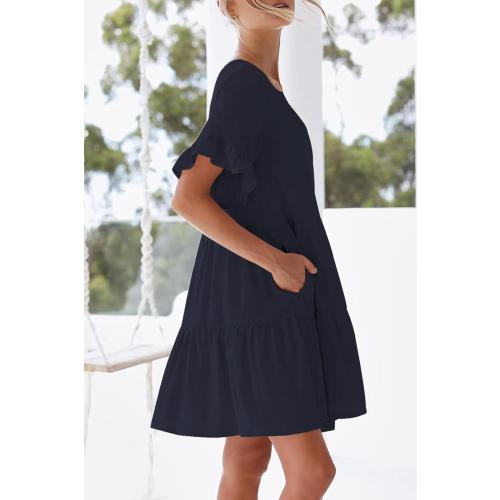 Size XL Color Dark Blue nclook Womens Summer Casual Dresses Sweet Cute Crew Neck Mini Dress with Pockets Ruffle Short Sleeve