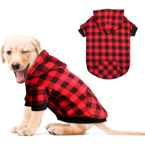 Red Plaid Dog Hoodie Sweater for Dogs Pet Clothes with Hat and Pocke