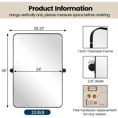 MOON MIRROR 24x36 Matte Black Pivot Mirror for Bathroom, Metal Frame Bathroom Mirrors for Wall,Rectangle Titling Vanity Wall Mirror with Rounded Corner Hangs Vertical(Overall 27.75 x 36)