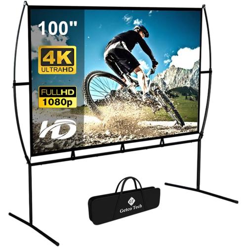 Projector Screen with Stand Foldable Portable Movie Screen（16：9）, HD 4K Double Sided Indoor Outdoor Projection Screen for Home Theater (100 Inch)