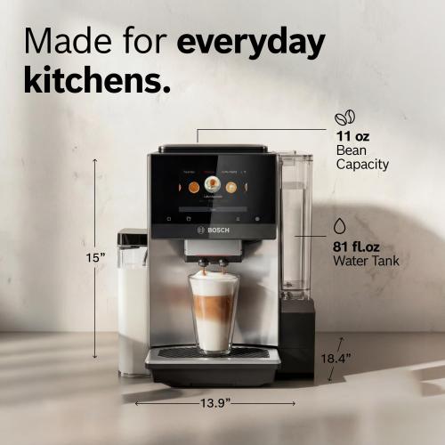 Bosch Fully Automatic Coffee and Espresso Machine - 36 Drinks, Double Cup Barista Style Super Coffee Maker - Touchscreen, Large Bean Capacity - Easy Clean, Maintenance - Silver - TQU60307