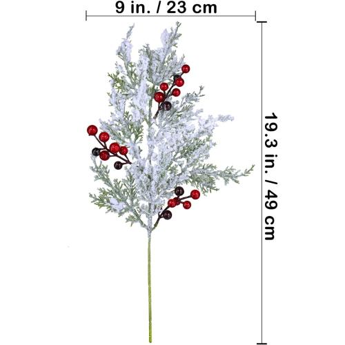 Set of  6 Pcs Snowy Artificial Cedar Picks with Red Berries Frosted Faux Cedar Sprays Christmas Cedar Greenery Branches Stems for Christmas Tree Wreath Floral Arrangement Vase Winter Holiday Décor