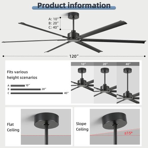 120 Inch Large Industrial Ceiling Fans, HVLS Commercial Fan with DC Reversible Motor, 6 Black Aluminum Heavy Duty Blades, 6-Speed, Timer, 10/20/40 Inch Downrods, for Shop/Barn/Garage (120 inch)