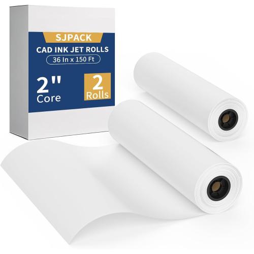 SJPACK Wide Format Plotter Paper Roll - 36 Inches x 150 Feet, 2-Inch Core,Premium Bond Paper for CAD and Inkjet Printing (2-Roll)