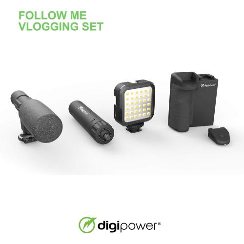 DigiPower Follow ME #GoViral Vlogging Kit for Cameras & Phones | with Microphone, 36 LED Light, Smartphone Grip, Wireless Shutter Remote, Tripod | Vlogging Equipment for YouTube, Instagram & Tiktok
