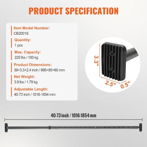 VEVOR Cargo Bar, Truck Bed Bar Adjustable from 40 to 73, Heavy-Duty Steel Cargo Stabilizer Bar with 220 lbs Capacity, Truck Load Bar Stop Sliding for Pickup Truck Bed, SUV