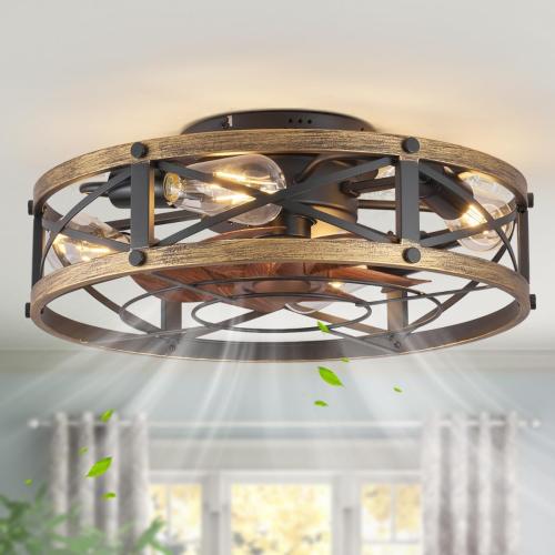 Color Brown and Black Caged Ceiling Fan with Light, Modern Fandelier Flush Mount Ceiling Fans with Lights and Remote, Farmhouse Low Profile Bladeless Ceiling Fans with Lights for Bedroom, Living Room