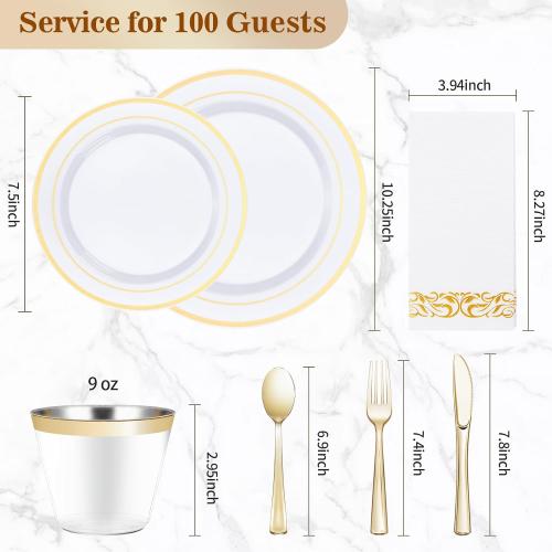 700 PCS Gold Dinnerware Set for 100 Guests, Plastic Dinnerware Set for Party, Include: 100 Gold Dinner Plates，100 Dessert Plates, 100 Plastic Silverware Set, 100 Cups, 100 Paper Napkins