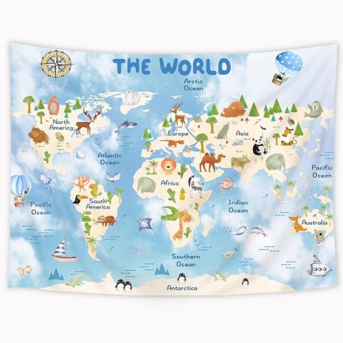 Riyidecor Kids Map Tapestry 59Wx51H Inch Blue World Cartoon Animal Cute Educational Geography Learning Tools Continents Wildlife Wall Hanging for Boys Girls Home Dorm Decor Art Living Room Bedroom