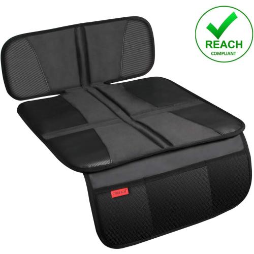 Kaiphy Car Seat Protector - Seat Protection Mat - Thick Padding - Durable, Waterproof Fabric, Leather Reinforced Corners & 3 Pockets for Handy Storage Black
