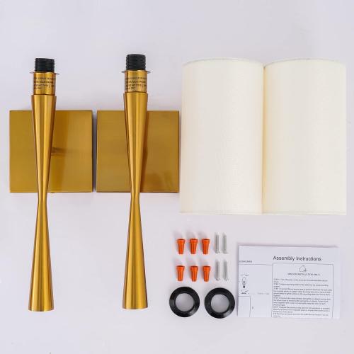 Modern Antique Brass Brush Paint Finish Wall Sconce Set of 2, with Creamy-White Fabric Straight Shade for Vanity Stairway Fireplace Kitchen Living Room Bedside