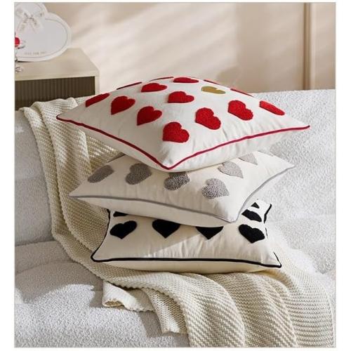 Valentines Pillow Cover 18x18 Inch - Embroidered Day Red White Hearts Design Throw Decorations Soft Cushion Case Home Decor for Couch, Sofa, or Bed(G,2pcs)