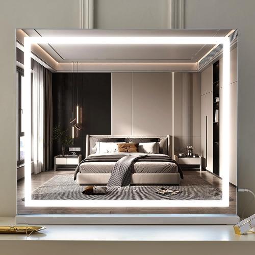WHITE HIEEY Lighted Makeup Mirror, Hollywood Vanity Mirror with Lights, Three Color Lighting Modes, with 4in 20X Magnification Mirror, Smart Touch Control, 360°Rotation (22.8in,White)