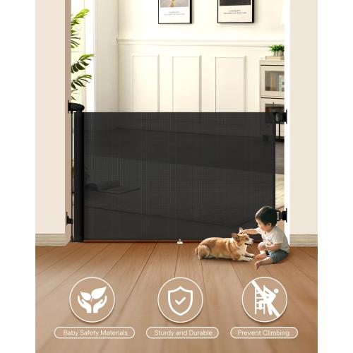 Retractable Baby Gate - 55 Wide Mesh Pet Gate with Anti-Crawling Hook, Safety Lock, One-Hand Operation, 34 Tall Baby Gate for Stairs, Doorways, Hallways, Garage, Indoor Outdoor, Black