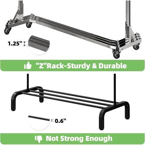 Simple Trending Industrial Grade Z Base 70in extra long Clothes Garment Rack, Commercial Grade Rolling Clothing Rack, Heavy Duty 600lb Load with Wheels, Chrome