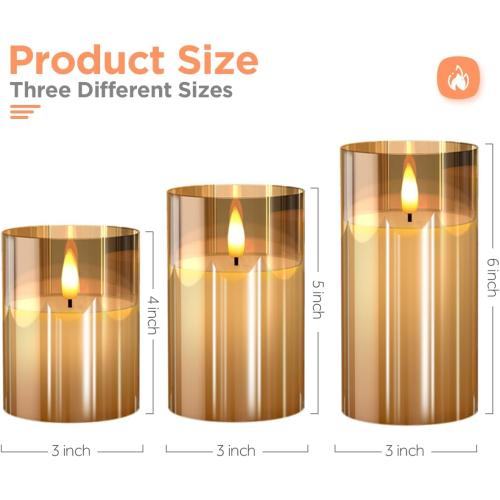 Tyawon Glass Battery Operated LED Flameless Candles with Remote and Timer, Real Wax Candles Warm Color Flickering Light for Festival Wedding Home Party Decor(Pack of 3)-Gold