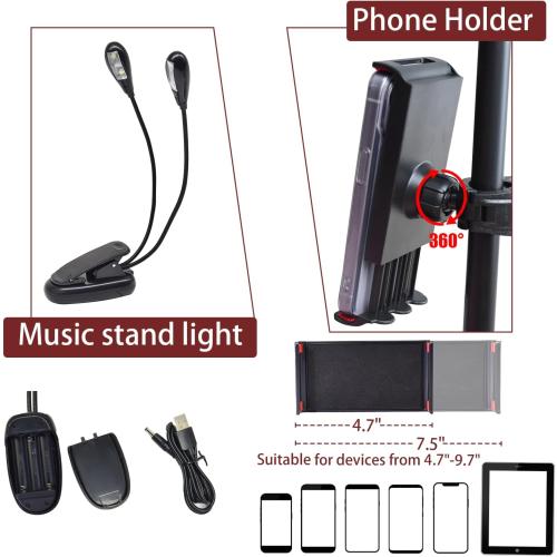 Sheet Music Stand with Light and Phone Holder, 57 Portable Music Stand for Sheet Music High Stability, Height Adjustable Music Stands with Carrying Bag(33-57inch, Plate without hole)
