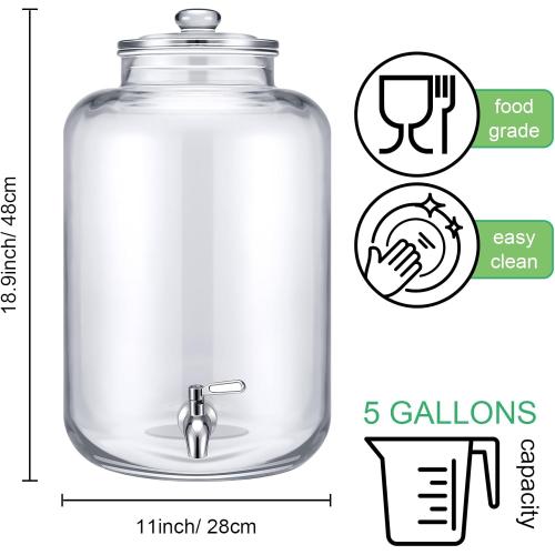 Glass Water Dispenser Countertop with Glass Lid and Stainless Steel Spigot Beverage Drink Dispenser Airtight Leakproof Large Jug for Summer Outdoor Party Juice Kombucha