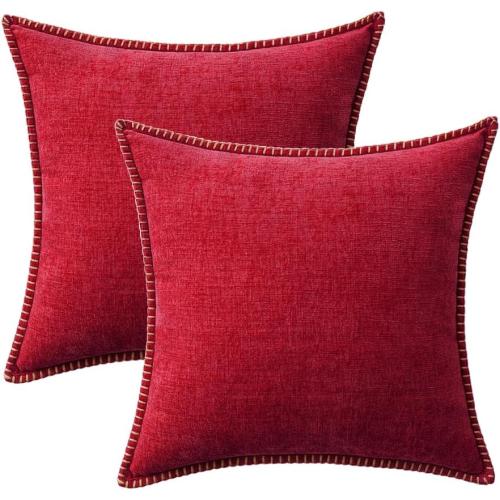 MIULEE Pack of 2 Christmas Pillow Covers 20x20 Inch Red Farmhouse Decorative Throw Pillow Covers with Stitched Edge Soft Chenille Solid Dyed Couch Pillow Covers for Sofa Bed Living Room