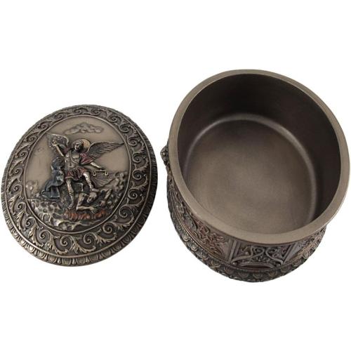 Veronese Design 4.75 Inch Saint Michael Ornate Oval Shaped Bas Relief Trinket Rosary Box Cold Cast Resin Bronze Finish
