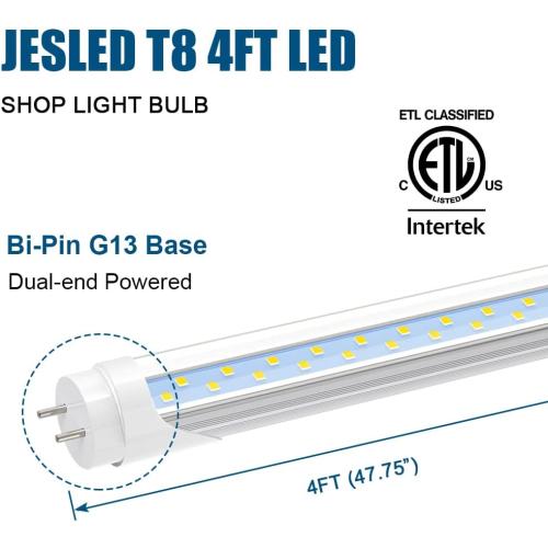 Pack of 4 JESLED T8 LED 4FT Type A B Light Bulbs, 24W(65W Equivalent), 3200LM, 6000K Super Bright, Plug and Play or Ballast Bypass, 4 Foot LED Fluorescent Tube Replacement, ETL Listed, Dual-Ended, Clear(4-Pack)