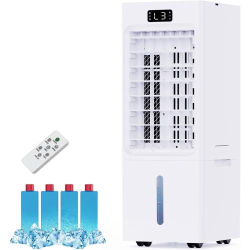 White Swamp Cooler, 3-IN-1 Windowless Portable Air Conditioners, 6L Evaporative Air Cooler with 4 Ice Packs, 4 Modes & 3 Speeds, Auto Oscillating, 12H Timer, 17FT Remote, Cooling Fan for Home