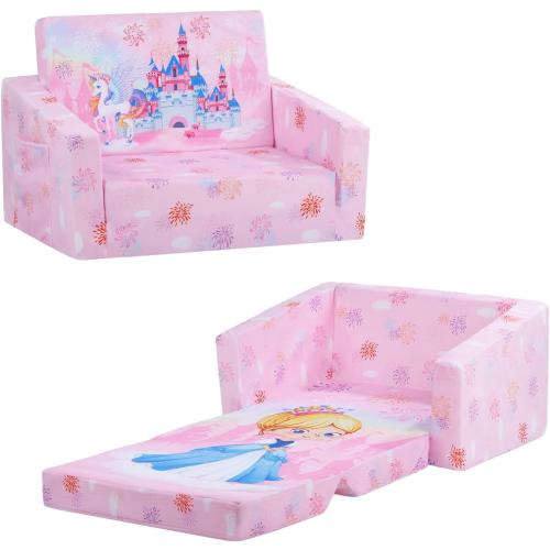 Pink 41L * 23.5W Foldable Kids Sofas Couch 2 in 1 Children Convertible Sofa to Lounger Flip Open Toddlers Sofa Bed
