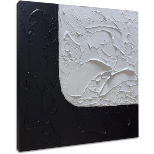 zoinart Hand Painted Black and White Texture Wall Art Abstract Paintings Minimalist Contemporary Wall Art for Home Decorations 24L x 24W