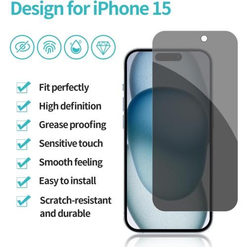 PEHAEL for iPhone 15 Privacy Screen Protector Camera Lens Protector | Installation kits, Anti-Spy Private, Anti-Scratch, 9H Tempered Glass, Case Friendly, 2 2 Pack, [6.1 inch]