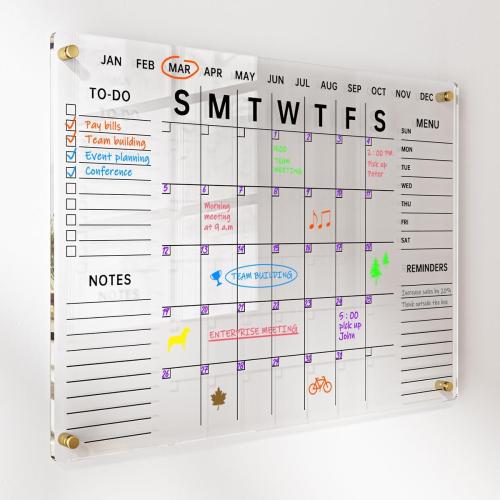 Acrylic Wall Calendar with Dry Erase Surface | 28x20 Clear Monthly Planning Board | Includes 8 Color Markers, Eraser, Multi-Color Standoff Screws, and Installation Kit | Perfect for Home & Office